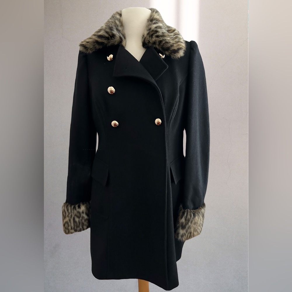 INC International, Wool Coat With Faux Fur, Black, Size Small
